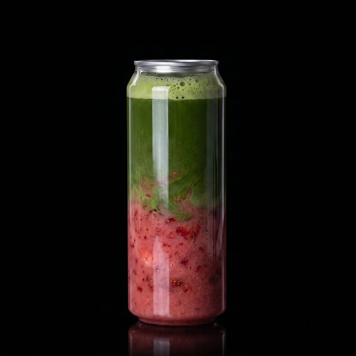 Strawberry Matcha 500ml clear PET can with colourful iced drink – Can Café NZ.