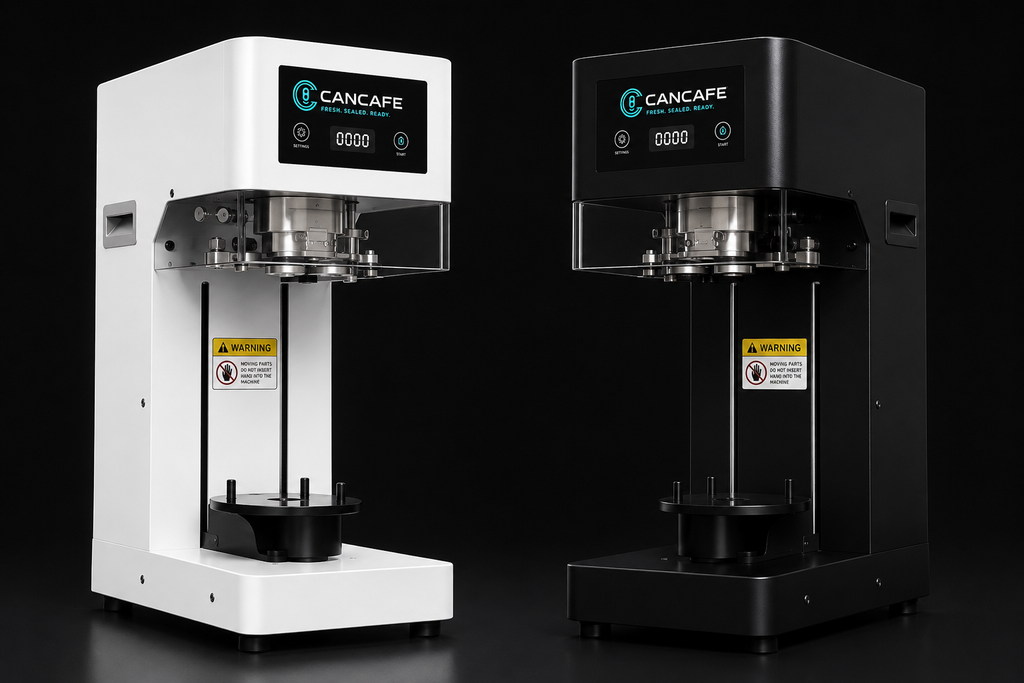 Can Café automatic PET can sealing machine NZ in black and white