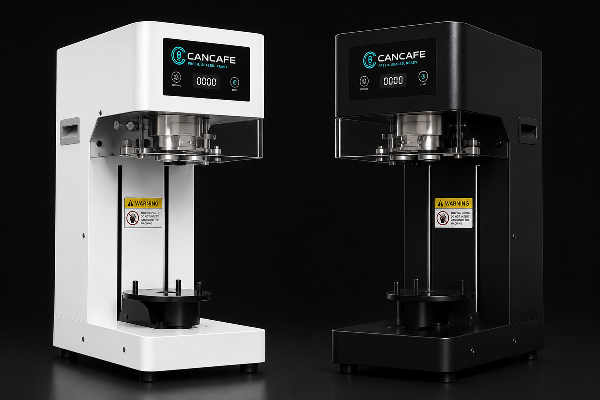 Can Café automatic PET can sealing machine NZ in black and white